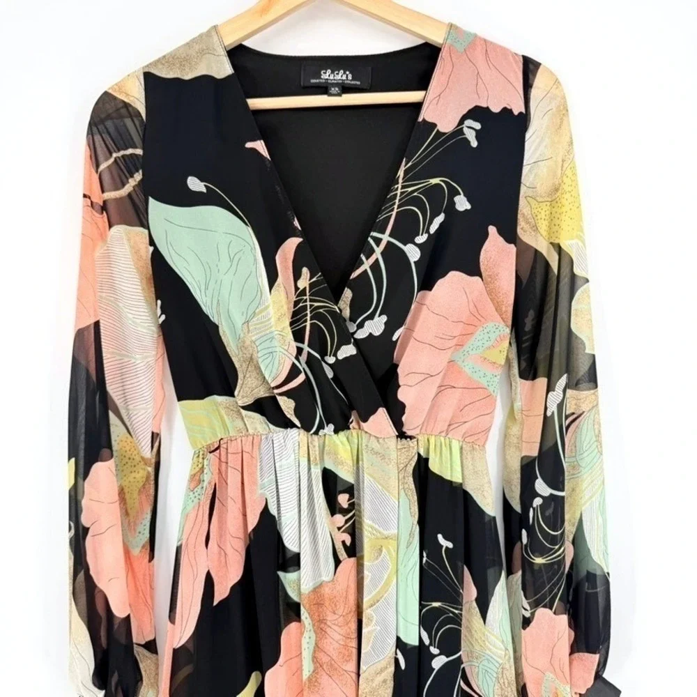 Lulus Black Floral Chiffon Water Lily Maxi Dress Old Hollywood Glam Whimsigoth S